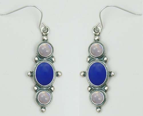 Sterling Silver Drop Dangle Earrings With Blue Onyx And Rainbow Moonstone